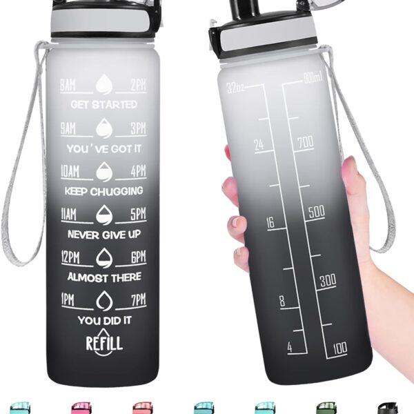 Enerbone Water Bottle, Leakproof BPA & Toxic Free, Motivational Water Bottle with Times to Drink and Straw, Fitness Sports Water Bottle with Strap for Office, Gym, Outdoor Sports