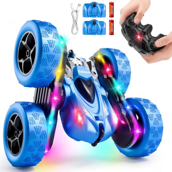 Remote Control Stunt Car 4WD 360° Flip Double‑Sided RC Cars, LED Light Bar, USB‑C Modular Battery, 2.4 GHz Outdoor Beach Toy for Boys 6‑12 Years Old, Birthday & Christmas Kids Gift, Blue