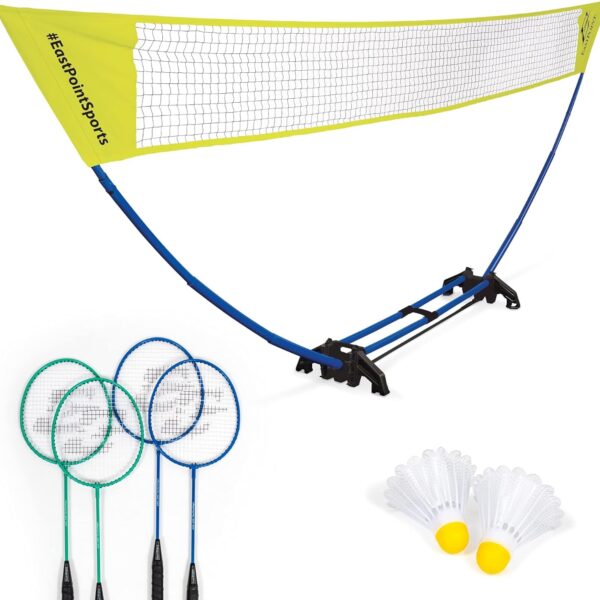 EastPoint Easy Setup Badminton Set - 5 ft Net, 4 Rackets, 2 Shuttlecocks - Quick Setup Net for Backyard Games - Steel Shaft Badminton Rackets for Family Games - Durable Shuttlecocks for Outdoor Sports