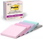 Post-it 100% Recycled Paper Super Sticky Notes, 3 in. x 3 in., 5 Pads, 70 Sheets per Pad, Wanderlust Pastels, School Supplies and Office Products