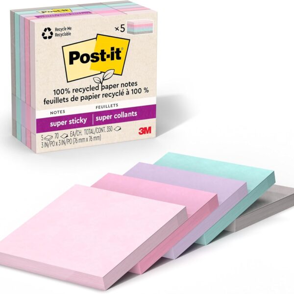 Post-it 100% Recycled Paper Super Sticky Notes, 3 in. x 3 in., 5 Pads, 70 Sheets per Pad, Wanderlust Pastels, School Supplies and Office Products