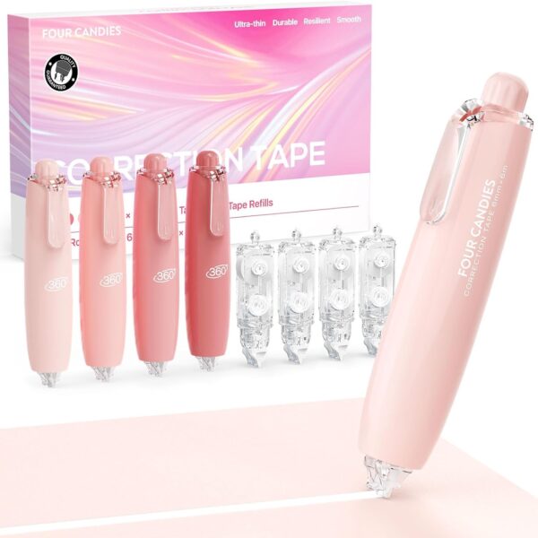 Four Candies Refillable Retractable White Correction Tape, 4PCS Smooth White Pull-Out Tape with 4 Extra Refills, Easy to Use Applicator for Instant Corrections for Office, School Supplies (Pink)