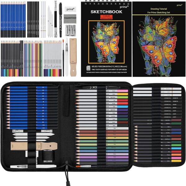 Prina 76 Pack Drawing Set Sketching Kit, Pro Art Supplies with 3-Color Sketchbook, Include Tutorial, Colored, Graphite, Charcoal, Watercolor & Metallic Pencil, for Artists Adults Teens Beginner