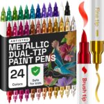 ARTISTRO 24 Metallic Acrylic Paint Markers - Paint Pens for Drawing, Brush + Fine Tips - For Fabric, Rock, Glass, Wood, Eggs - Art & Craft Supplies for Adults, Teens, Kids - Easter Basket Stuffers