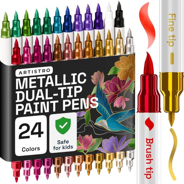 ARTISTRO 24 Metallic Acrylic Paint Markers - Paint Pens for Drawing, Brush + Fine Tips - For Fabric, Rock, Glass, Wood, Eggs - Art & Craft Supplies for Adults, Teens, Kids - Easter Basket Stuffers