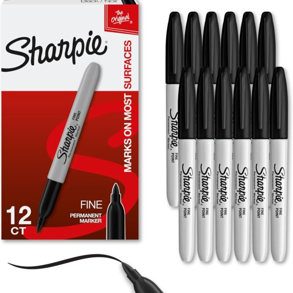 Sharpie Permanent Markers, Fine Tip, Black, 12 Count - Office Supplies, Quick Drying, Fade Resistant, For Wood, Plastic, Paper, Metal, And More